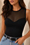 Women's Black Transparent Tulle Detailed Sleeveless Blouse, Stylish Basic Top - 4