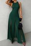 New Season Women's Strappy Crew Neck Hem Tulle Detail Asymmetrical Flared Long Imported Crepe Event Dress - 3