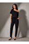 Women's Black Two-Thread Fabric Shoulder Strap Detailed Blouse with Elastic Waist and Bottom Tracksuit Two-Piece Set