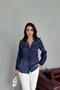 Navy Blue Off-Shoulder Lace Embroidered Shiny Chiffon Shirt