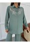 Women's Shirt with Beaded Embroidery on Front and Sleeves, Oversize Pants, Sizeable Suit - 3