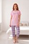 Women's Pink Pattern Buttonless Crew Neck Summer Lycra Viscose Flexible Short Sleeve Capri Pajama Set - 6
