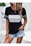 Women's Short Sleeve Crew Neck Double Color Viscose Blouse - 2
