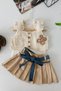 My Little Girl's Pleated Knitwear with Bow Belt Detail, 3-Piece Girls' Skirt Set - Cream - 2