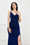Backless Glittered Evening Dress - Dark Blue - 4