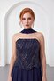 Women's Navy Blue Shawl Collar Beaded Long Chiffon Evening Dress - 3