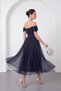 Women's Navy Blue Boat Neck Glittery Midi Graduation Evening Dress - 6