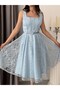 Baby Blue Lace Embroidered Sequined Belted Square Neck Evening Dress - 6