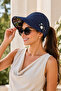 Women's Navy Blue Visor Hat with Flower Detail, Adjustable Adhesive Summer Sun Protection - 5
