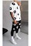 "Men's White T-Shirt with Black Floral Pattern Oversized Shorts Set" - 3