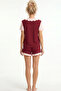 Burgundy Collar Detailed Printed Buttoned Cotton Knitted Shorts Pajama Set 8009 - 3