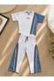 Girl's 100% Cotton White Short-Sleeved Denim Patched Sweatshirt & Wide Leg Denim Patched Pants Set Summer Special Occasion Set - 4