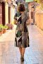 Khaki Color Geometric Patterned Round Neck Dress - 3