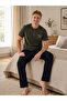 Men's Khaki Crew Neck 3-Button Chest Pocket Seasonal Cotton Lycra Short Sleeve Pocketed Pajama Set - 2