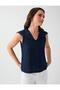Navy Blue Linen Blend V-Neck Blouse with Lace Detail - 4