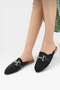 Gold Buckle Detail Straw Weave Women's Slippers Black - 2