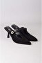 Seç 2622 Genuine Leather Women's Heelled Slippers (Heel Height: 9 cm) Black Suede - 4