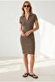 Women's Brown Zippered Polo Collar Ribbed Mini Dress Elb-19002660 - 3