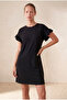 Women's Relaxed Fit Crew Neck Ruffle Detailed Short Sleeve Black Modal / Cotton / Elastane Blend Mini Dress Paula - 2