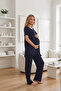New Season Navy Blue Summer Design Flounce Sleeves 100% Cotton Double Breasted Maternity Pajama Set - 4