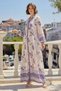 Women's V-Neck Gathered Waist Floral Patterned Viscose Purple Hijab Dress - 4