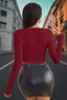 Burgundy Deep U-Neck Crop Top Long Sleeve Slim Fit Women's Blouse Ava - 5