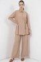 Women's Shirt Collar, Gathered Waist, Lace-Up Viscose Beige Double Set - 7