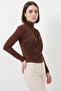 Women's Turtleneck Gathered Light Brown Blouse - 4
