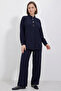 Women's Buttoned Oversize Navy Blue Suit