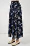 Women's Patterned Chiffon Navy Blue Skirt with Gathered Waist - 4