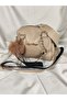 Cream Beige Cross Shoulder Bag with Pompom Accessories and Gold Chain Detail