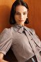 4900 Women's Gingham Patterned Scarf Collar Balloon Sleeve Shirt Brown - 2