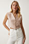 Striped Crop Woven Vest Lto0011 Pudra - 2