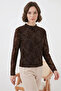 Women's High Collar Long Sleeve Floral Patterned Brown Blouse - 3