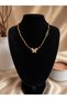 Steel Women's Necklace with Zircon Stone and Butterfly End, Gold Color Necklace