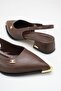 Brown Women's Pointed Toe Gold Detailed Open Back Low Thick Heeled Shoes - 3