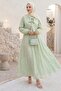 Mint Green Brode Dress with Lace-Up Collar and Belt - 5