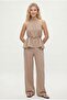 Women's Giselle Halter Neck Tie Blouse Elastic Waist Pants Woven Beige Bottom Top Set - 3