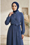 Half-Buttoned Elastic Waist Striped Dress 0320-06 Navy Blue - 3