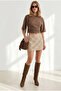 Women's Brown Crew Neck Bat Drape Detailed Crop Blouse Blz-19003386 - 2