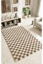 Chess Checker Patterned Bone-Beige Washable Living Room Bedroom Hallway Machine Made Carpet Runner - 3