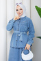 Women's Belted Stone Detailed Skirted Two-Piece Denim Set - 6