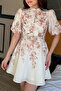 Women's Ecru Beige Floral Patterned Belted Button Detailed Lined Mini Premium Linen Dress Sun387 - 2