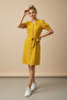 Women's Mustard Linen Look Midi Belted Buttoned Dress with Elasticated Sleeves