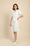Women's White Linen Look Midi Belted Buttoned Dress with Elastic Sleeves