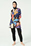 Sienna Patterned Full Covered Hijab Swimsuit Long Sleeve Zippered 25279-26 Black - 2