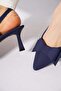 Lapes Bowknot Open Back Women's Heeled Shoes Navy Blue Satin - 4