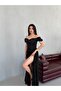 Black Off-Shoulder Draped Glittering Long Evening Dress - 3