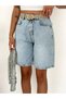 Women's Light Blue Belted High Waist Washed 4-Pocket Loose Cut Knee Length Bermuda Jean Shorts - 5