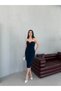 Navy Blue Strapless Sweetheart Neckline Drape Detailed Midi Evening Dress - 2
